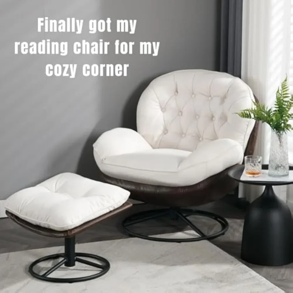 Swivel Accent Chair with Ottoman, Mid Century Modern Linen Lounge Chair with footrest, Comfy Fabric Armchair with 360°Metal Base