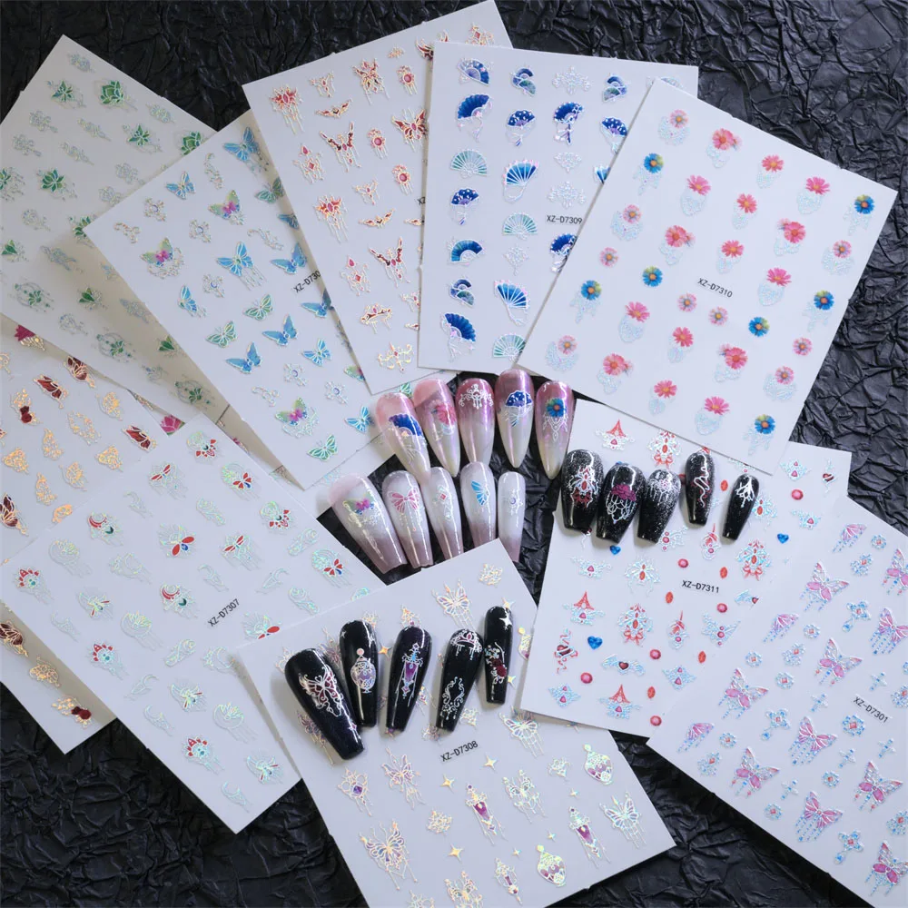 

12Pcs 3D Bohemia Tassel Laser Silver Butterfly Nail Art Stickers Blue Fan&PinkFlowers Tassel Slider DIY Manicure Butterfly Decal
