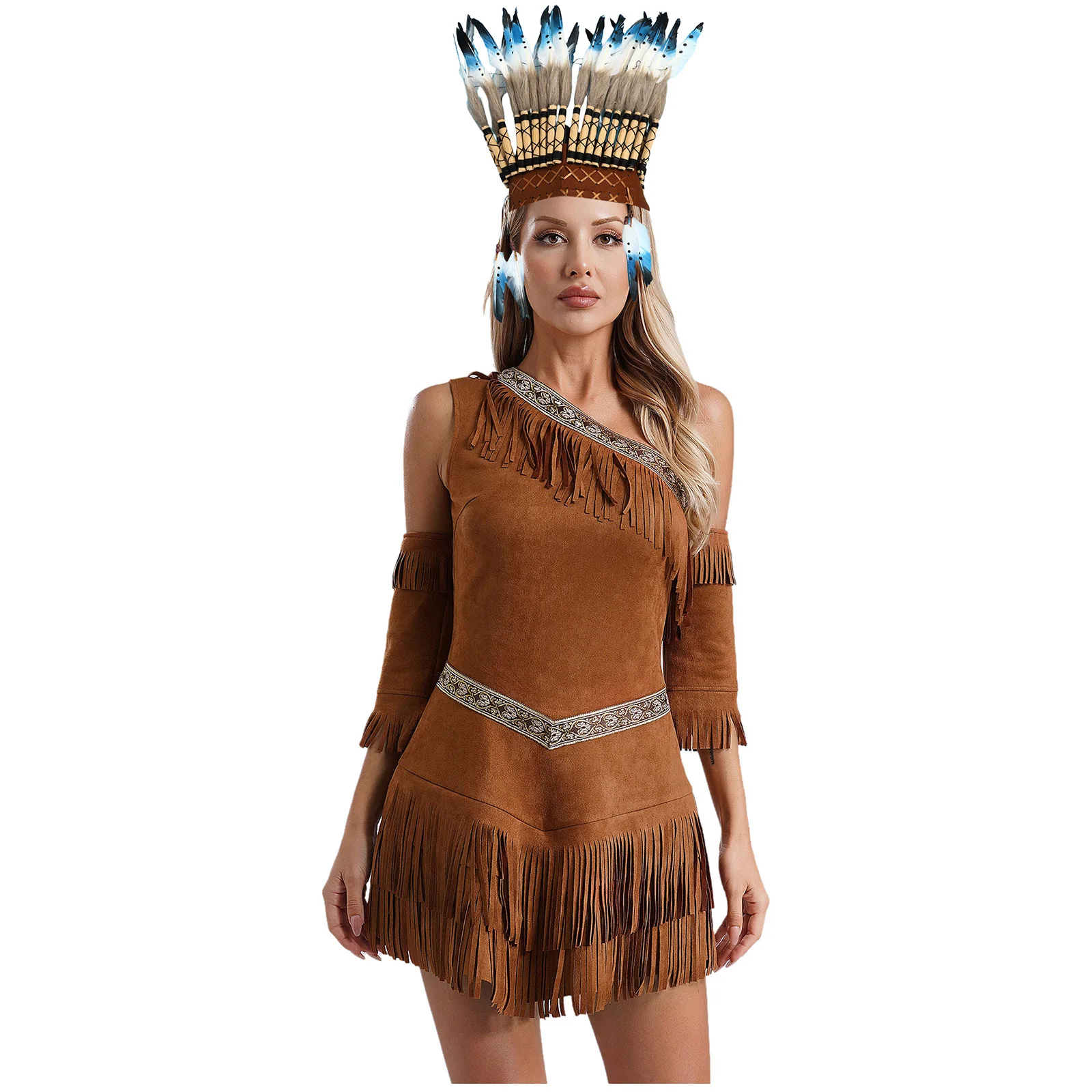

Women Primitive Man Cowgirl Tribe Princess Cosplay Costume Fringe Dress with Tassel Sleeves And Headwear for Halloween Carnival