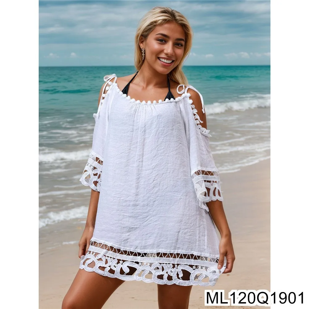 Abito da spiaggia sexy in tinta unita in pizzo scavato, abbigliamento casual ampio per la protezione solare da spiaggia per le vacanze, grembiule da bagno ML120Q19