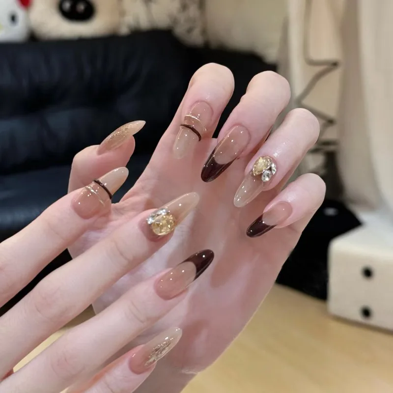 

10 Pcs Artificial Press on Nails for Girls Long Realistic Fake Nails with Glue Oval Removable Stick-on Nails with Box and Tools