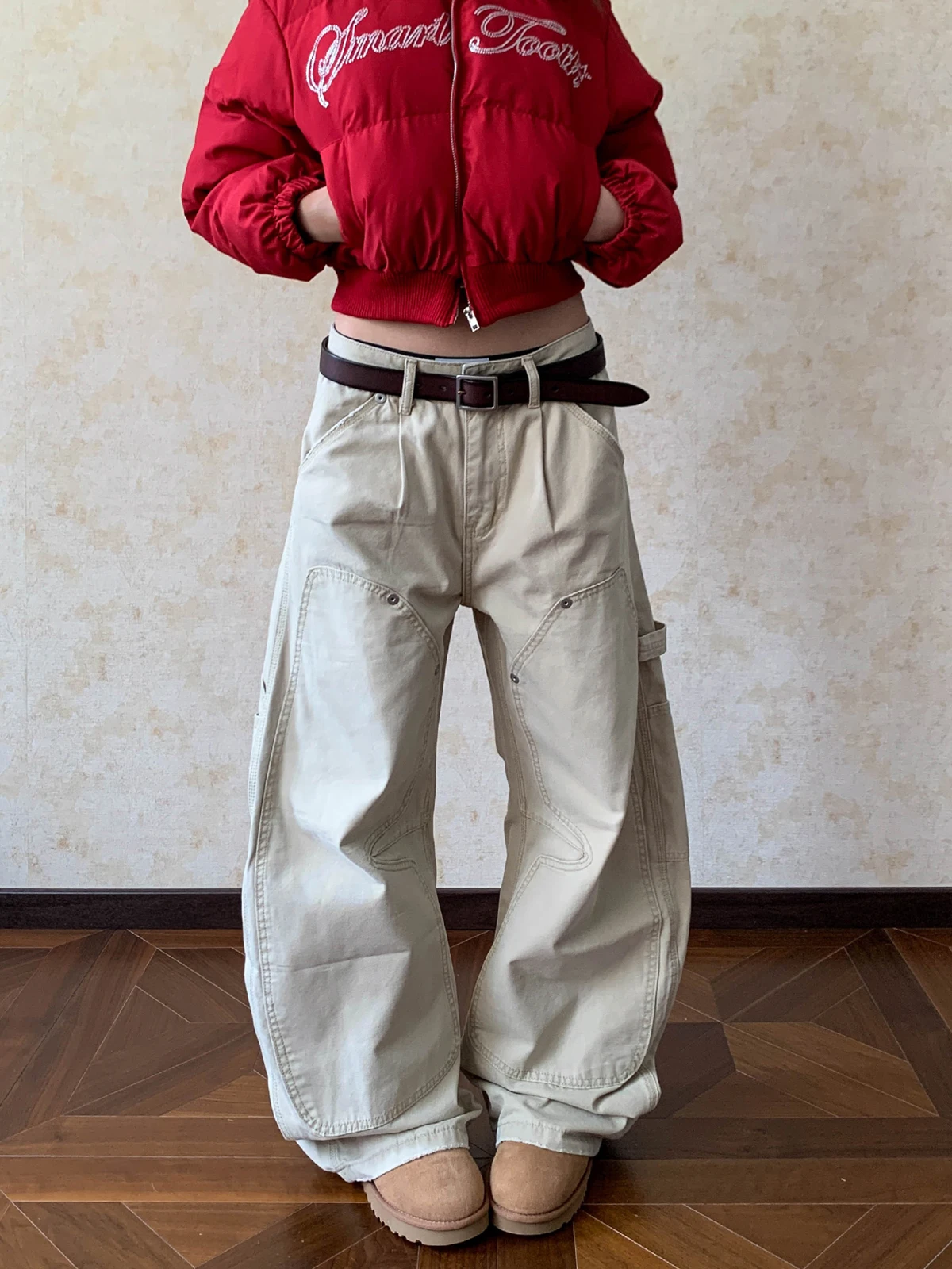 

Retro American High Street Design Sense Knife Work Pants Deconstructed Patchwork Straight Leg Vintage Men's Jeans