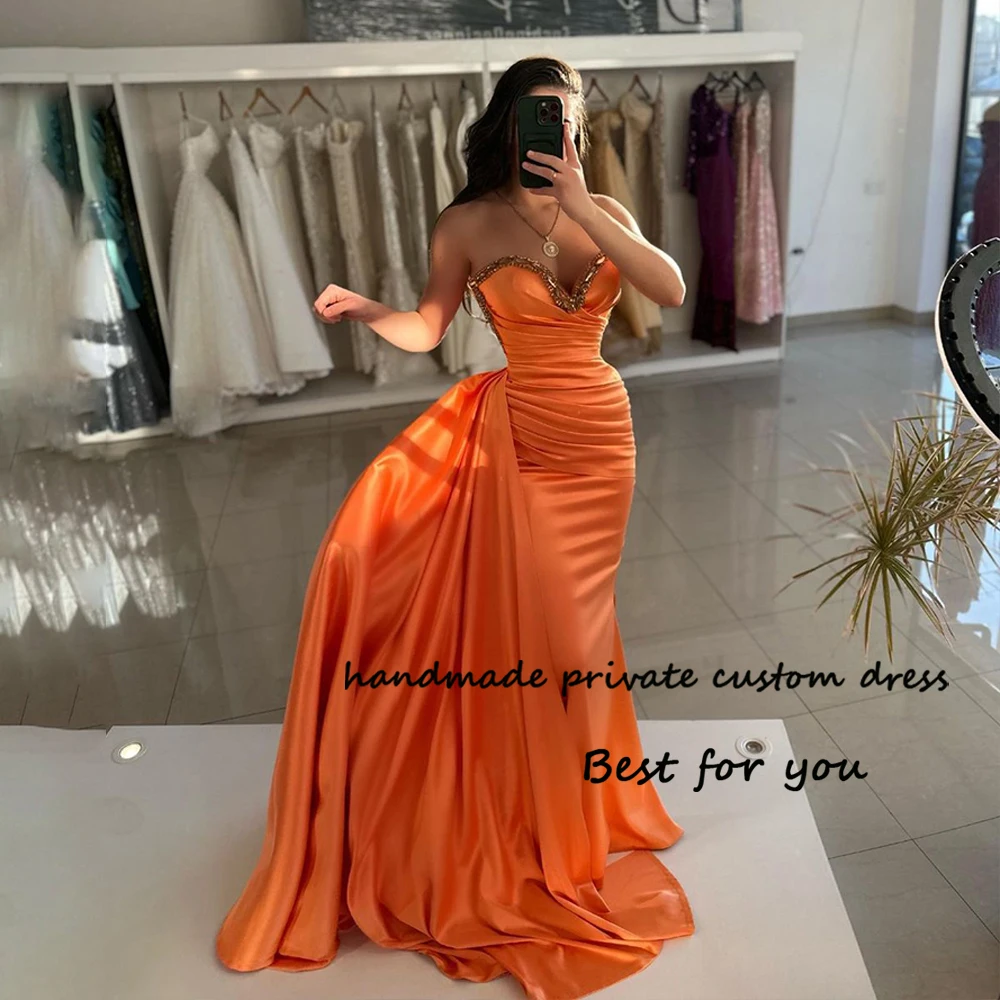 

Orange Mermaid Evening Dresses Beaded Satin Sweetheart Prom Dress with Slit Pleats Bodycon Long Formal Occasion Gowns