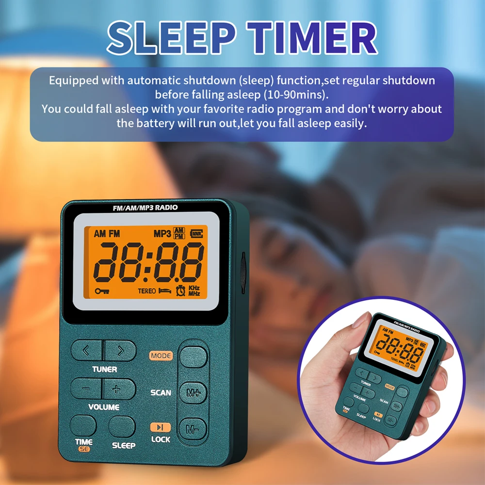 Radio de bolsillo multifuncional AM FM pantalla LED de 2,1 pulgadas Radio portátil de 2 bandas carga Micro USB conector de 3,5mm para deportes al aire libre
