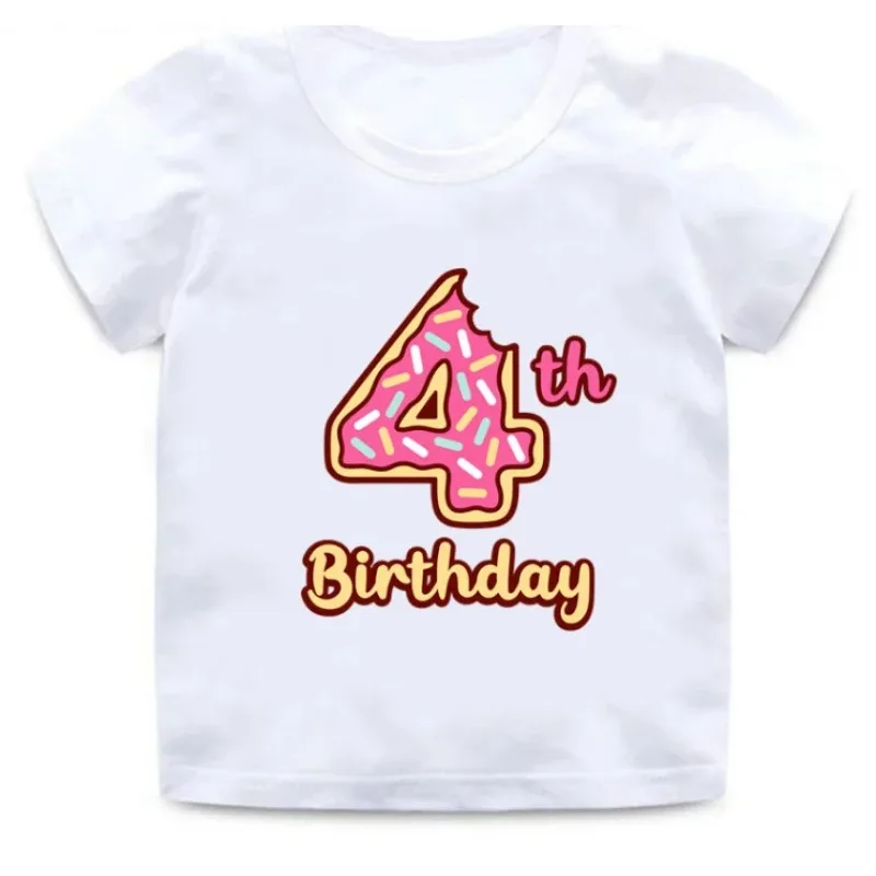 Cute Summer Donuts Print Girls Clothes 1 -9 Years Happy Birthday Number Bow Kids Short Sleeve T Shirt Tops