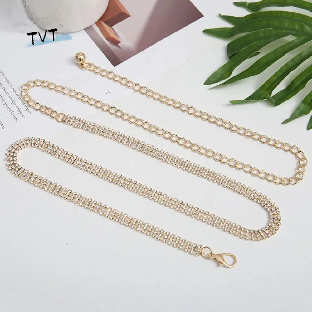 

Simple Bling Zircon Inlaid Waist Belt Adjustable Long Chain Rhinestone Waistband 3 Rows Luxury Crystal Waist Chain Party