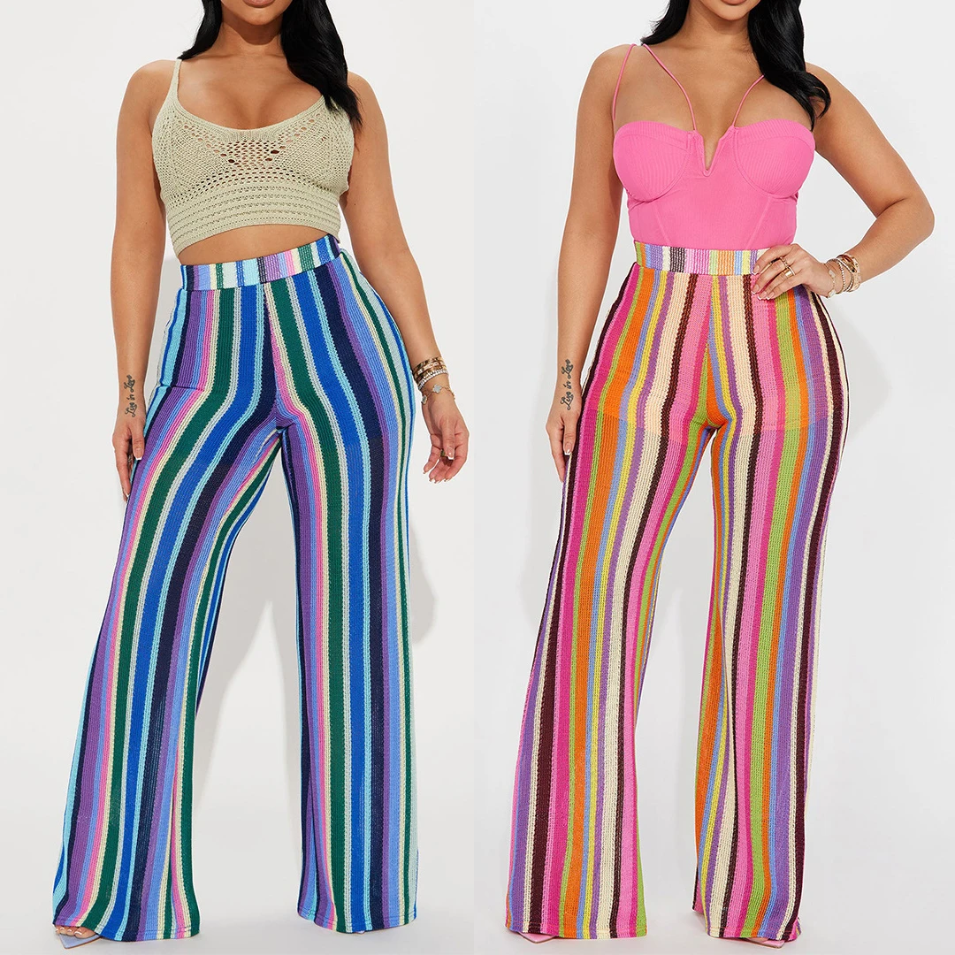 

Striped Knitted Wide Leg Pants Crochet Trousers 2023 Women Summer Clothes Pencil Casual Sweat Elegant Flare Baggy Pants Joggers