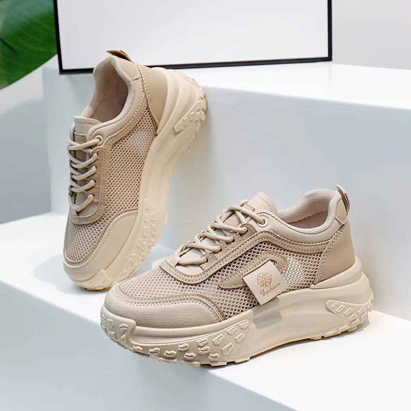 Novo designer de luxo plataforma mulher esportes malha respirável tendência plana casual tênis feminino elegante moda senhoras sapatos