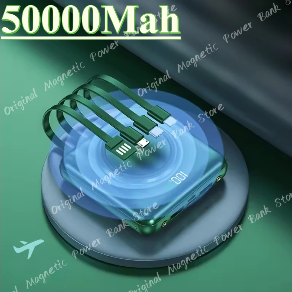 

New 50000mAh Wireless Power Bank Fast Charging Built-in Quad Power Cable Mobile Phone Charger for Iphone 14 15 16 Xiaomi Samsung