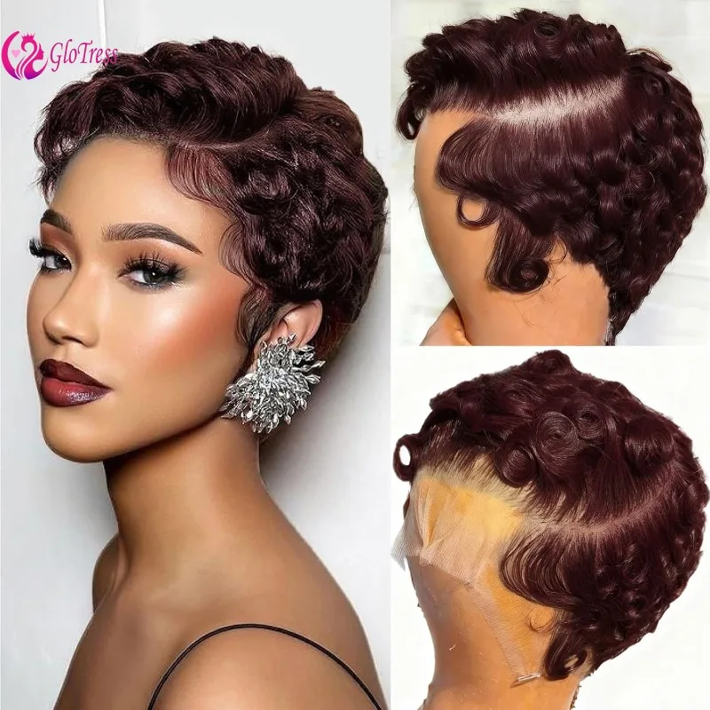 قسط مجعد عابث قطع 13x4 الدانتيل الباروكات الأمامية شعر الإنسان 99J 250% الكثافة قصيرة 6 بوصة الطبقات مجعد غلويليس شعر مستعار للنساء