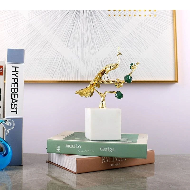Gold-plated Peacock Sculpture Marble Base Crafts Living Room Desk Decoration Ornaments Natural Agate Stone Furnishings