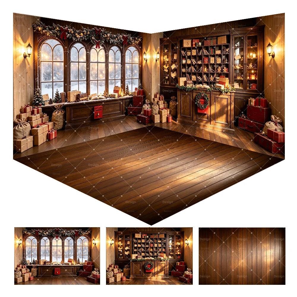 Vintage Wooden Study Christmas Photography Backdrop Arched Snow Window Book Cabinet Gift Box Family Holiday Studio Decor Prop