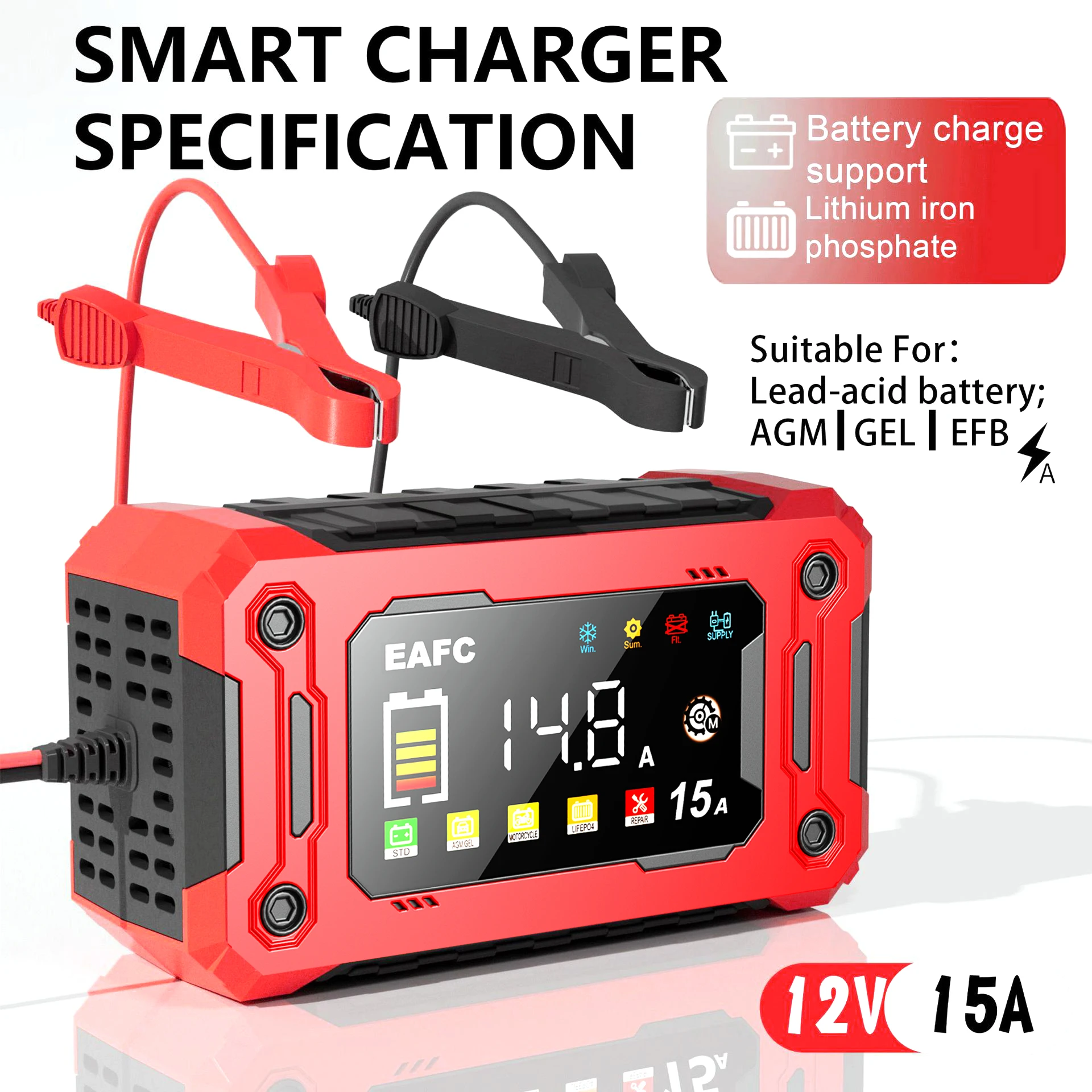 EAFC 12V 15A 8A Autobatterie-Ladegerät mit Großem Bildschirm, Pulsreparatur-Ladegerät für Auto, Motorrad, SUV, Lithium, AGM, Blei-Säure, GEL, LCD-Display – Detail 1