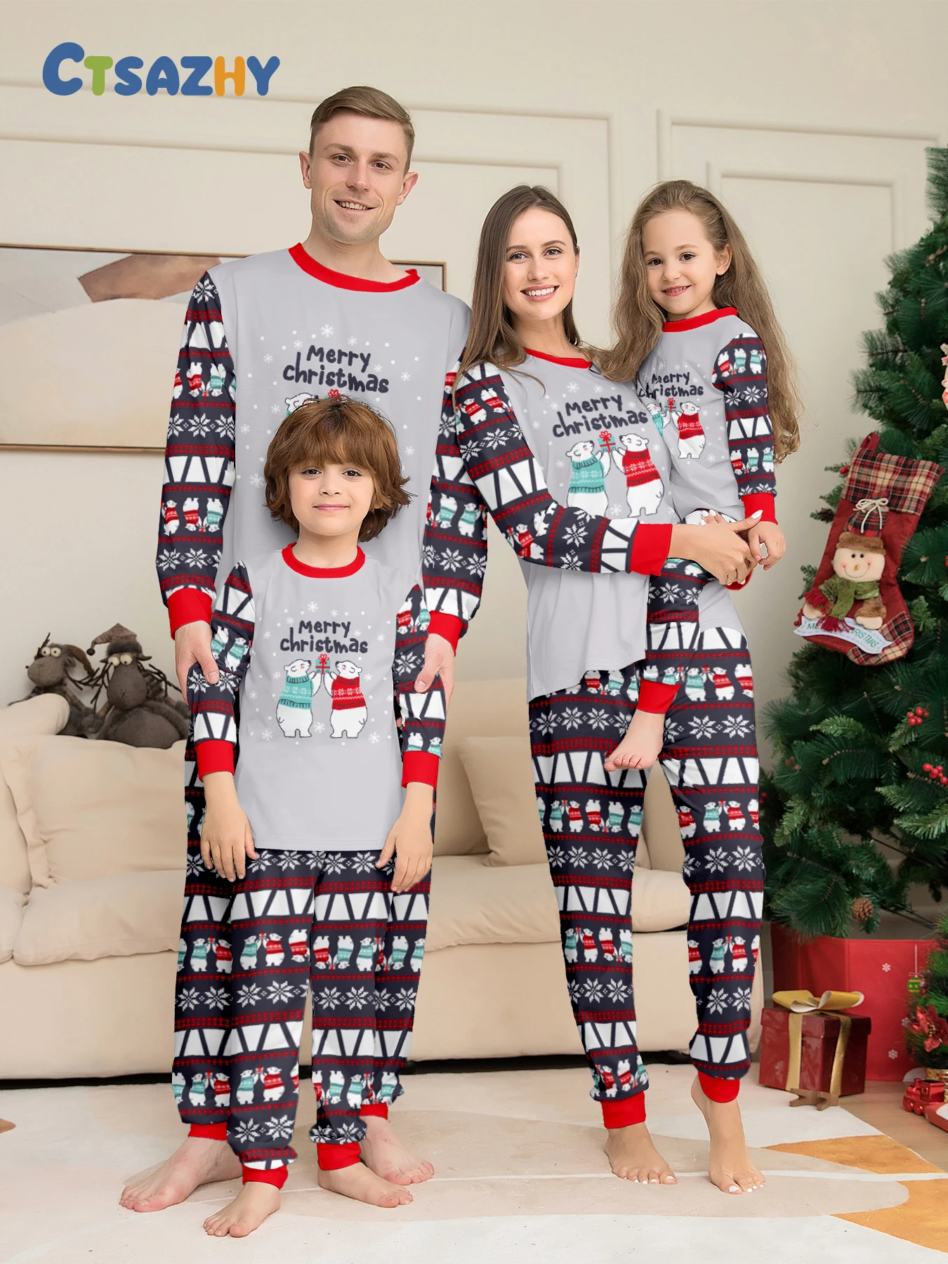 

Parent - Child Christmas Pajamas Set - Gray Tops & Printed Pants, Polar Bear & "Merry Christmas" Prints