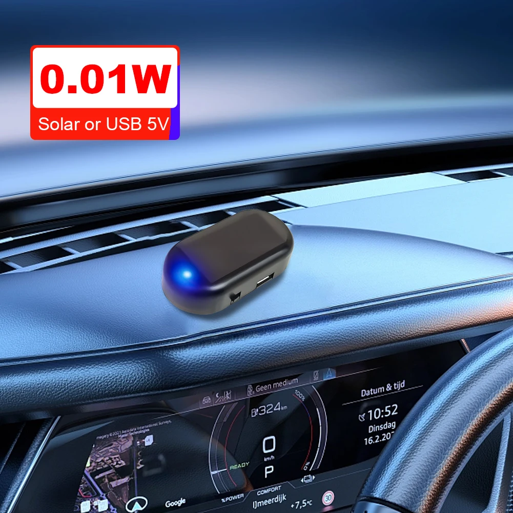 Luz de seguridad falsa para coche con energía Solar, luz azul/roja, luz intermitente LED, luz de seguridad falsa, luz de advertencia LED de coche simulada