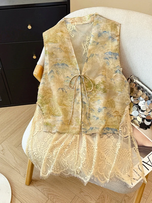 New Chinese Style Lace Splicing Belted Sleeveless Vest Women's Summer Fashionable Versatile Age-Defying Top V-Neckline