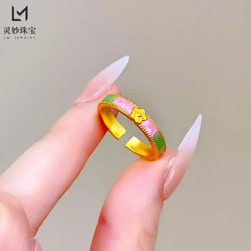 

Роскошные ювелирные изделия из настоящего золота 9999 24 карата, эмалированное весеннее кольцо с цветком персика для женщин, регулируемый свадебный подарок на помолвку