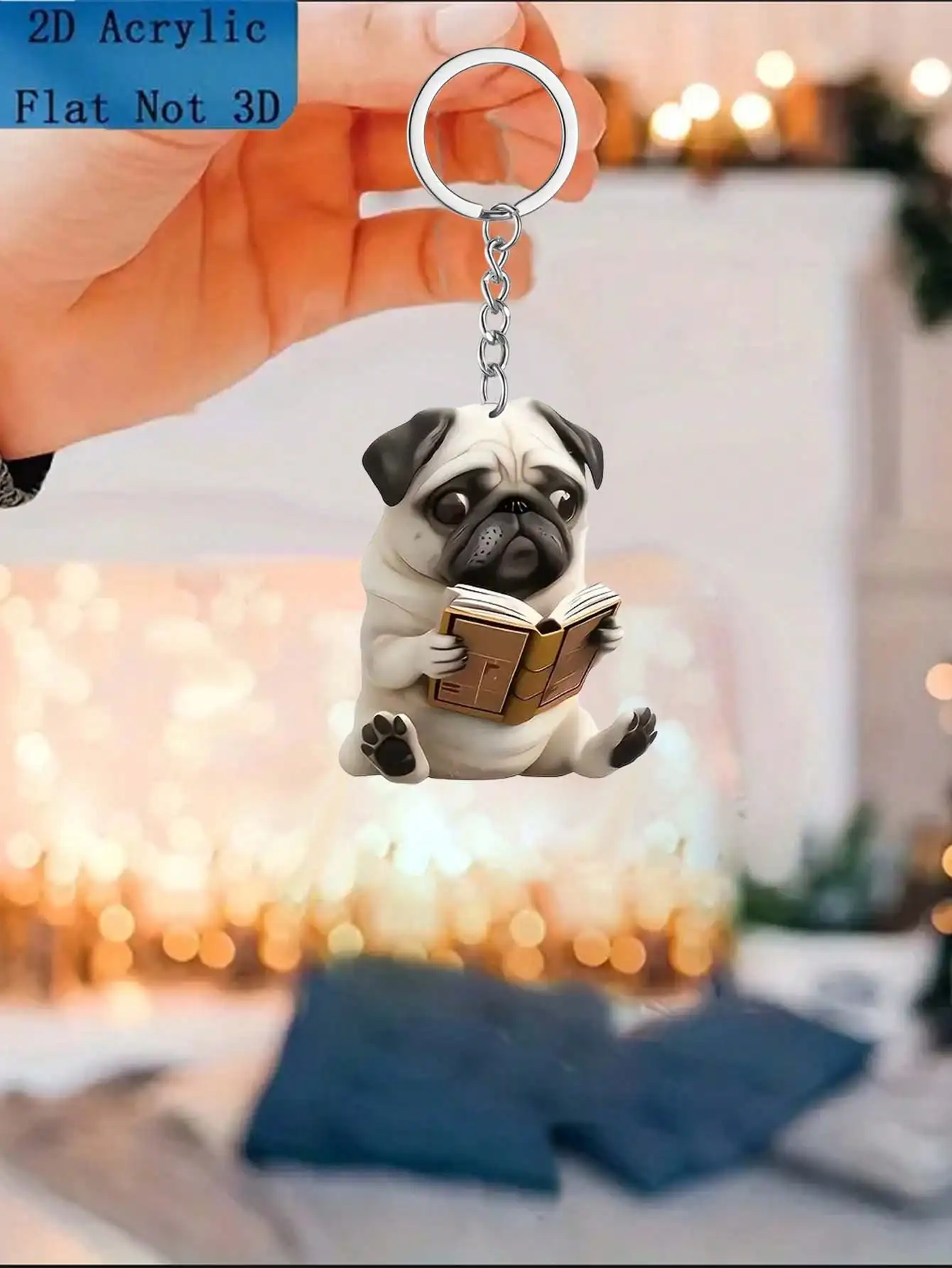 1-piece reading Pug backpack keychain - a cute pet accessory suitable for backpacks, car keychains, and daily use