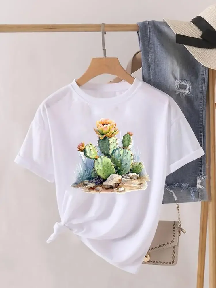 

Cactus plant trend 90s clothes short sleeve graphic T-shirt women top print Lady female shirt tee fashion o-neck clothing