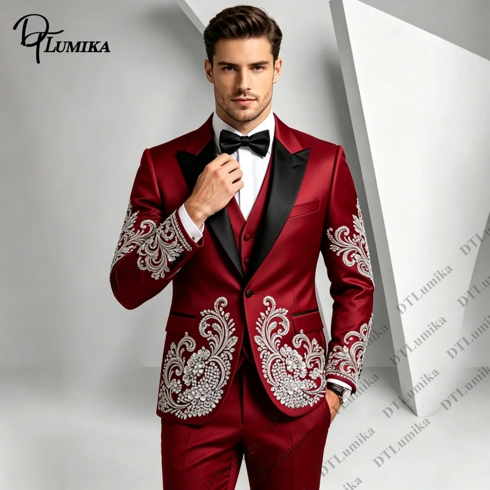 Luxurious Embroidered Men 3 Piece Wedding Tuxedo Satin Lapel Jacket Waistcoat Pants Groom Formal Suit Tailored Banquet Outfit
