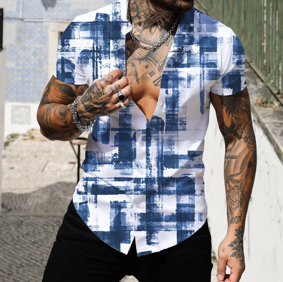 2022 Men\'s Shirts Lapel Tops Fashion Men\'s Hawaiian Shirt Short Sleeve Streetwear 3d Print Striped Patchwork Male Clothes Beach