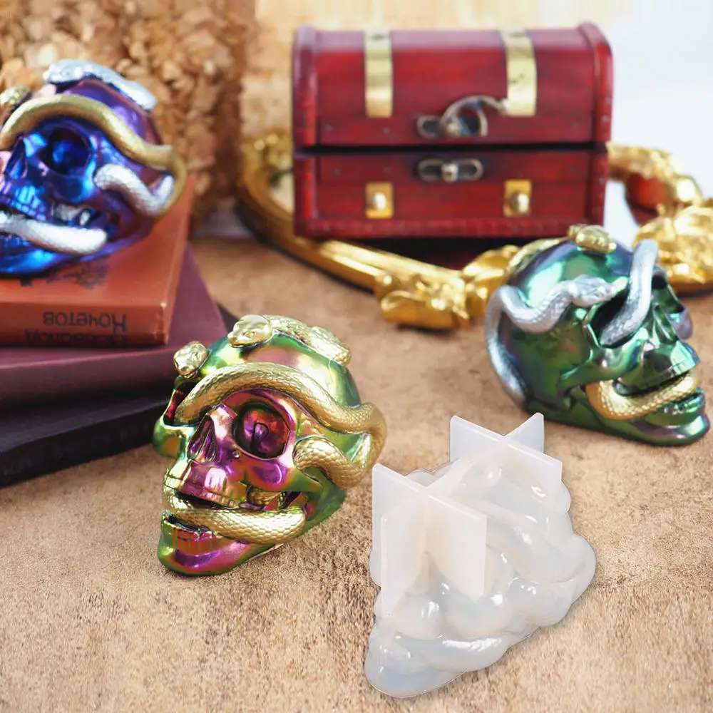 Skull Snake Head DIY Epoxy Resin Mold Double Snake Silicone Molds Halloween Haunted Horror House Desk Decor Candle Mold