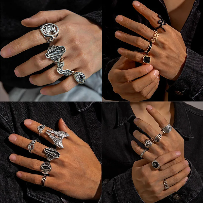 Retro Fashion Totem Cross Animal Eagle Lion Punk Silver Color Rings for Men Charm Set Goth Skeleton Poker Finger Jewelry