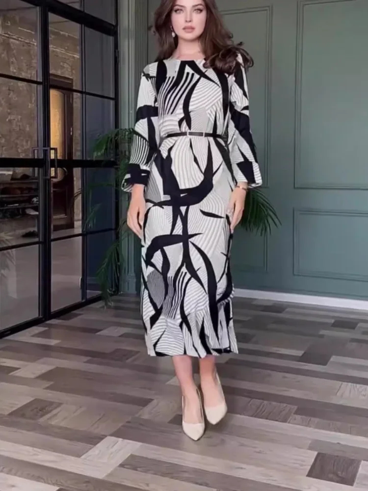 

Muslim Women Dress Print Vestidos Sashes Abaya Dubai Saudi Arab Long Robe Morocco Party Jalabiya Eid Abayas Ramadan Dresses