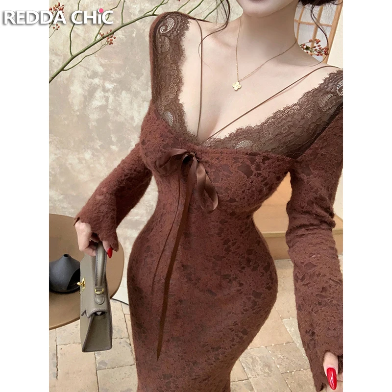 

REDDACHiC базовое кружевное женское платье сексуальный корсет с v-образным вырезом и бантом облегающий макси-русалка длинное желание цельная новая осенняя одежда
