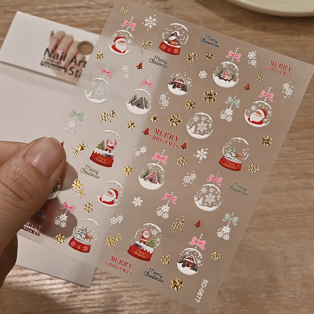1개 귀여운 산타클로스 눈사람 리스 5D 엠보싱 크리스마스 네일 아트 스티커 크리스마스 트리 눈송이 네일 데칼 DIY 네일 용품