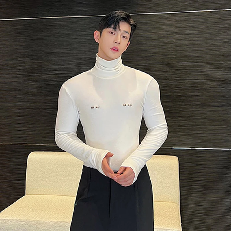 IEFB Slim Male Long Sleeve T-shirts Autumn New Versatile Detachable Breastpin Fashion Niche Design Korean Underlay Tops 9C1590