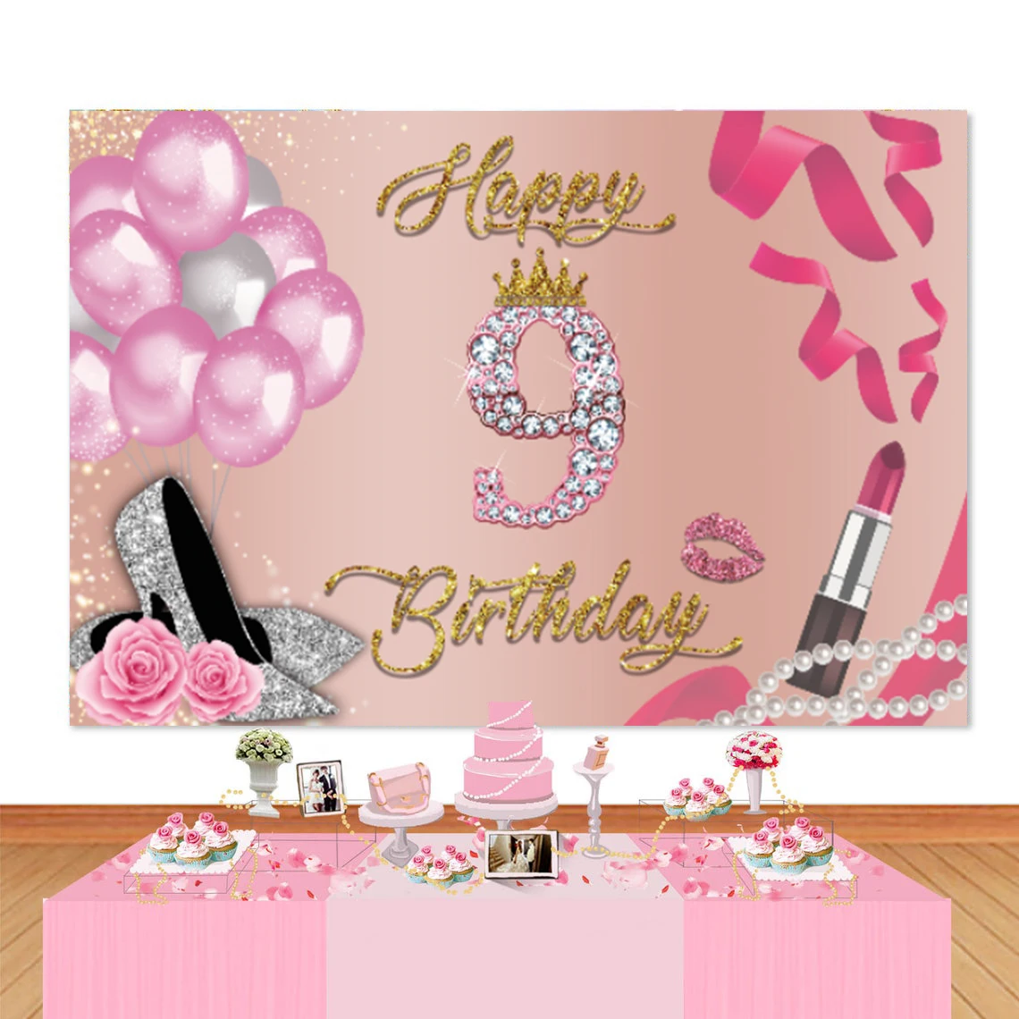 

Happy 9th Birthday Backdrop For Girls 9 Years Old Party Photo Background Photography Rose Pink Glitter Balloons Decorations