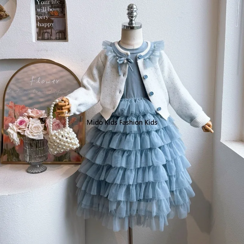 

Children's Autumn Wear Stylish Polka-dot Knit Cardigan Girls Baby Long-sleeved Patchwork Tulle Tiered Skirt Princess Dress
