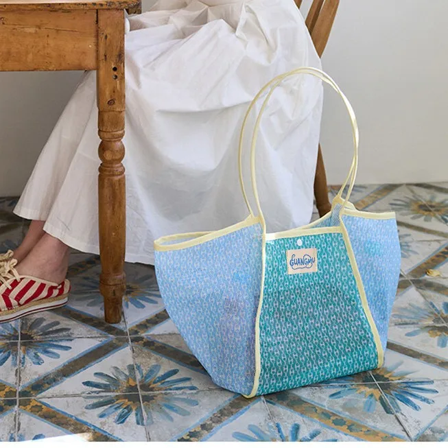 Large Capacity Beach Bag Mesh Tote Color Block Shoulder Bag Travel Swimming Toy Storage Handbag
