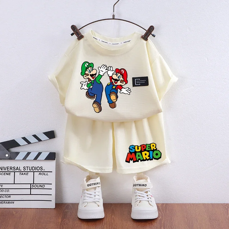 Super Bros T-shirt+shorts Luigi Yoshi Cartoon Anime Figures Short Sleeve Set Summer Clothing Casual Fashion Trend Clothes Gift