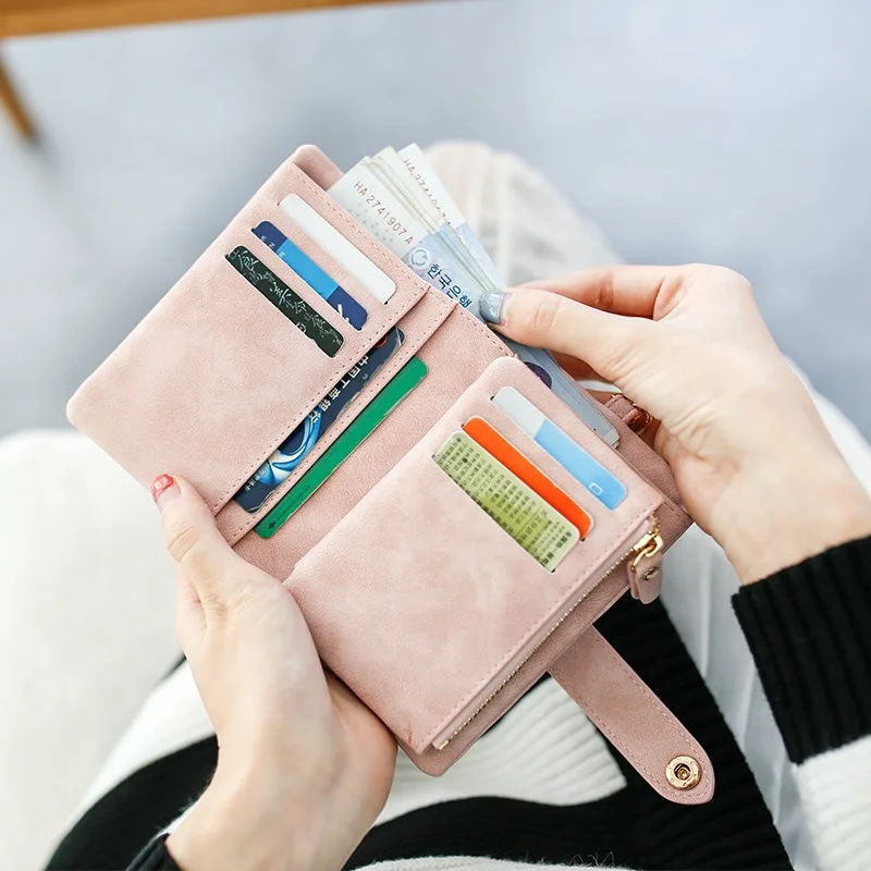 Nieuwe Pu Frosted Dames Korte Portemonnee Schattige Opvouwbare Multi-Card Slot Vrouw Portemonnees Multifunctionele Handtas Grote Capaciteit Portemonnee