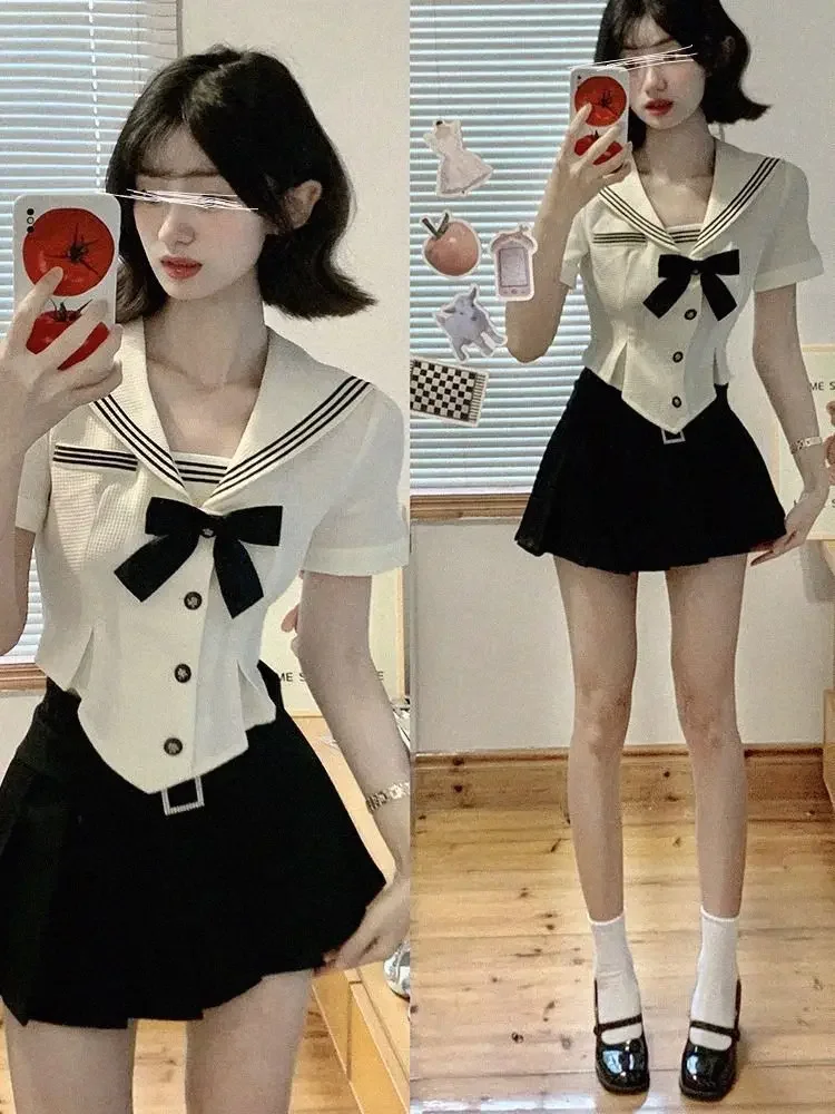 White Navy Sailor Collar Blouse Short Sleeve Cute Top for Women Preppy Style Lolita Shirts Kawaii School Clothes Japan