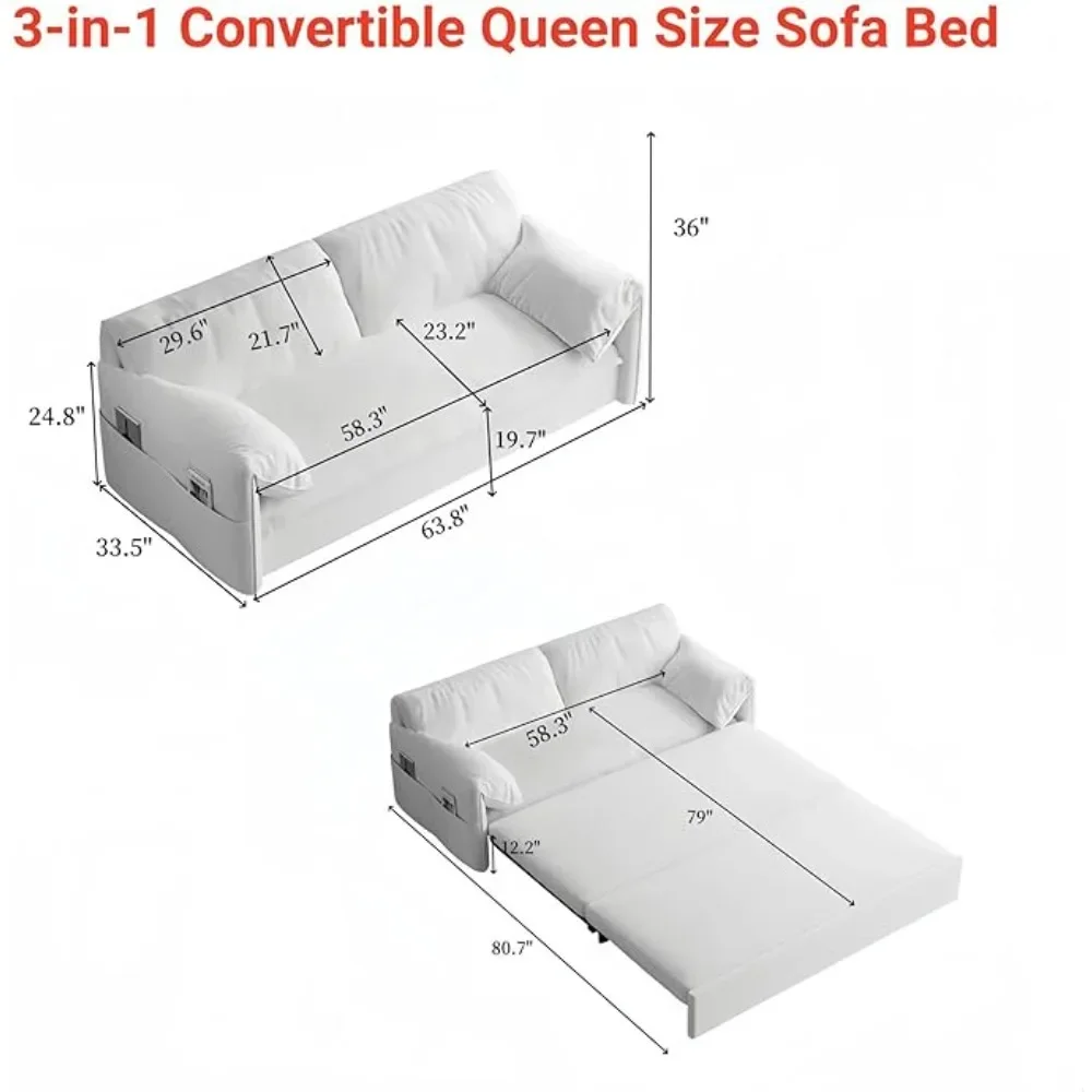 Sofá cama futón de 63,8 pulgadas tamaño Queen, cama extraíble, sofá cama convertible 3 en 1 con bolsillo lateral, sofá futón moderno de terciopelo