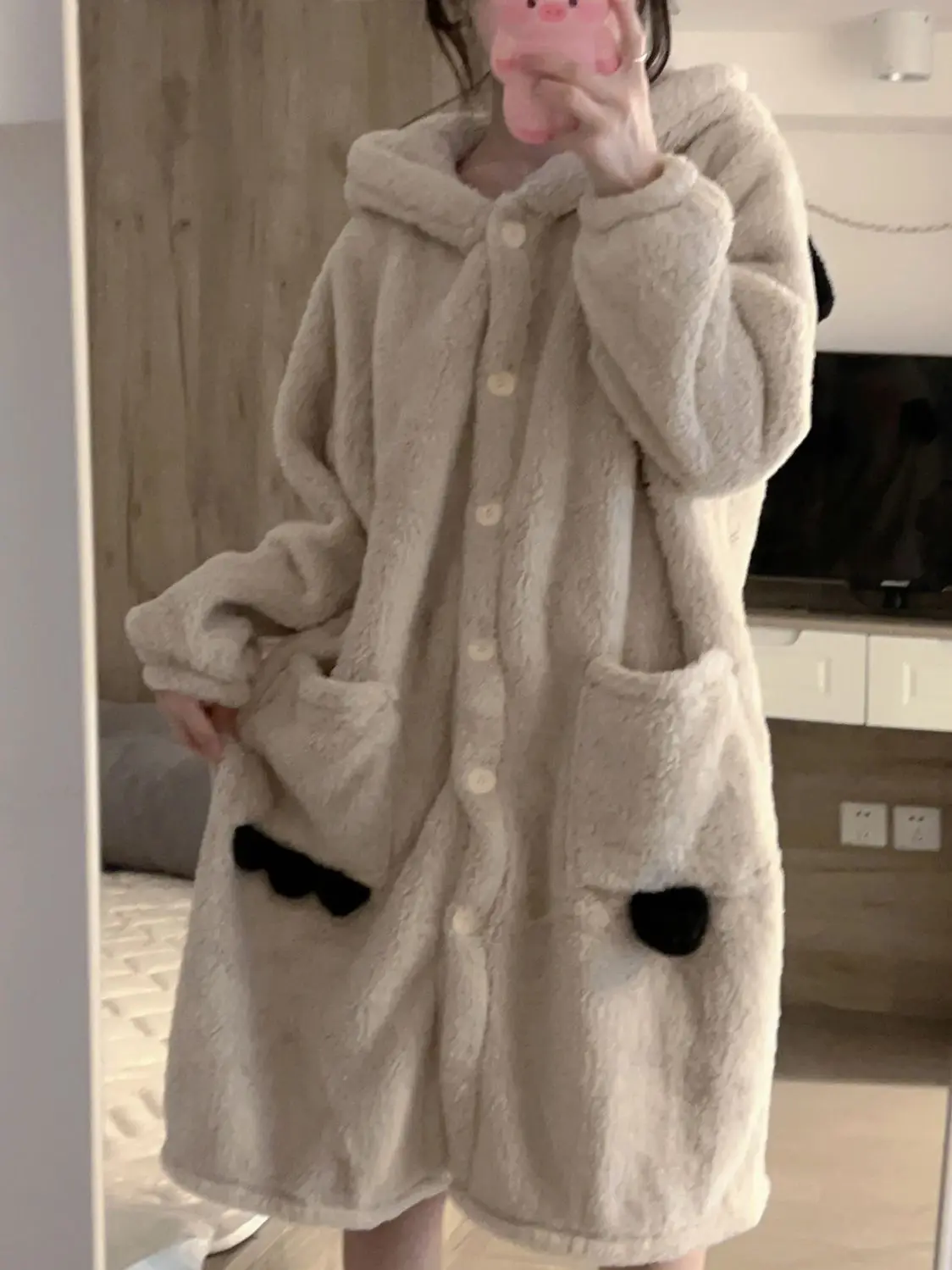 Winter New Women\'s Hooded Robe With Pant Thicken Flannel Warm Home Clothes Long Sleep Dress Cute Bear Design Fluffy Pyjamas Set