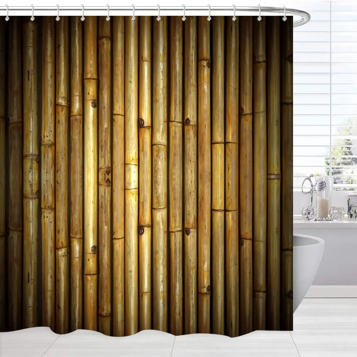 Bamboo Decor Shower Curtain Retro Design Plant Printing Washable Bathroom Curtain Set Brown Tan Beige Bath Accessories With Hook