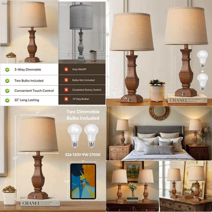 

Dimmable Table Lamps Set of 2, Rustic Farmhouse Table Lamps for Living Room Bedroom, Bedside Desk Lamps for end Tables, Touch L
