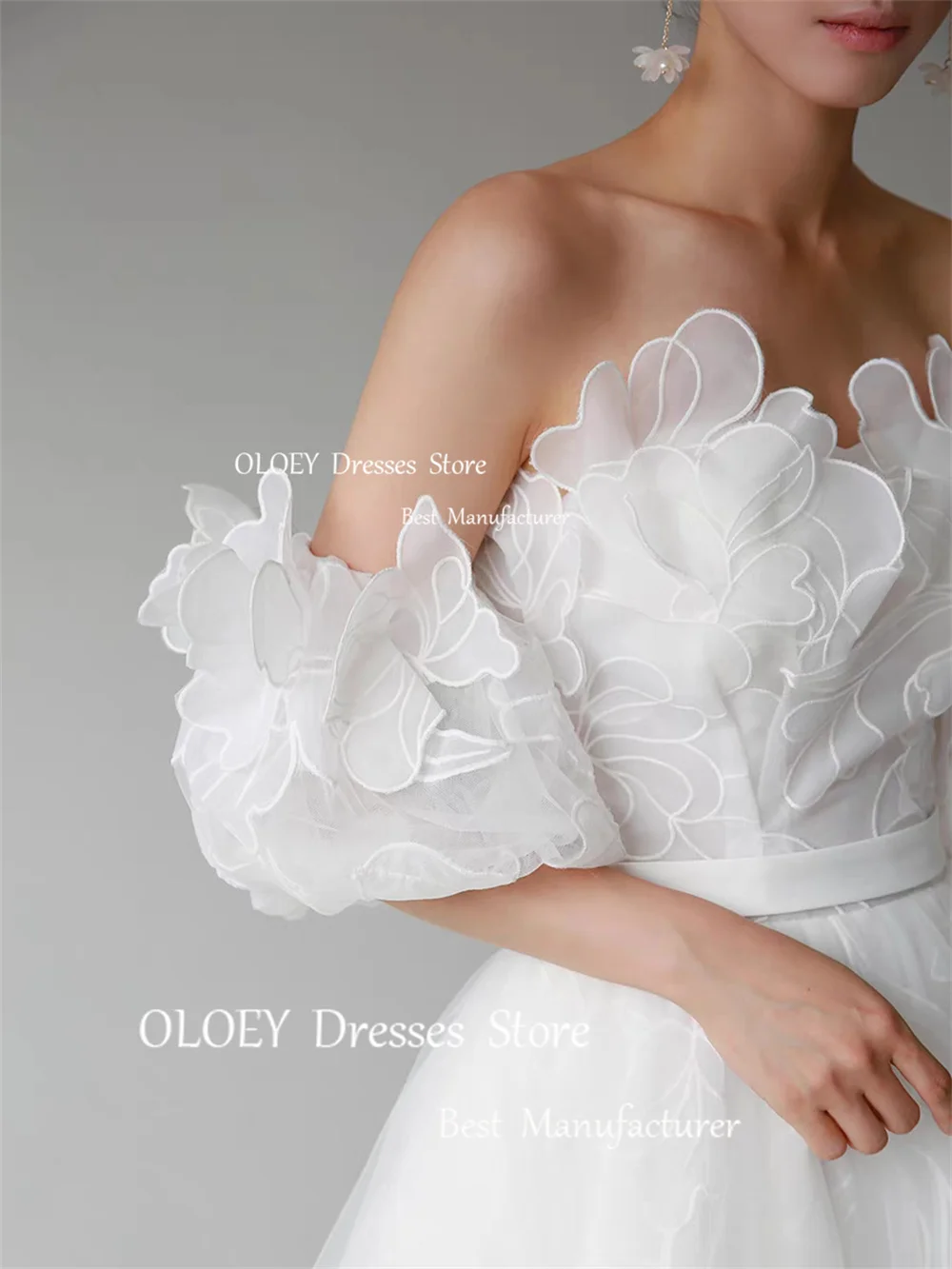 OLOEY Exquisite Ivory Wedding Dresses Korea Photoshoot 3D Appliques Silky Tulle Bridal Gowns Floor Length A-Line Corset Back