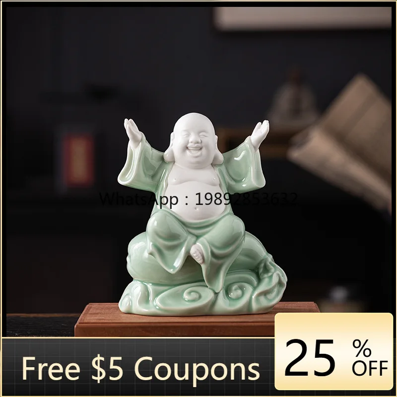 LYY Ceramic Cloth Bag Joyful Maitreya Buddha Celadon Wealth-Attracting Big-Bellied Laughing Buddha Office Desktop Antique