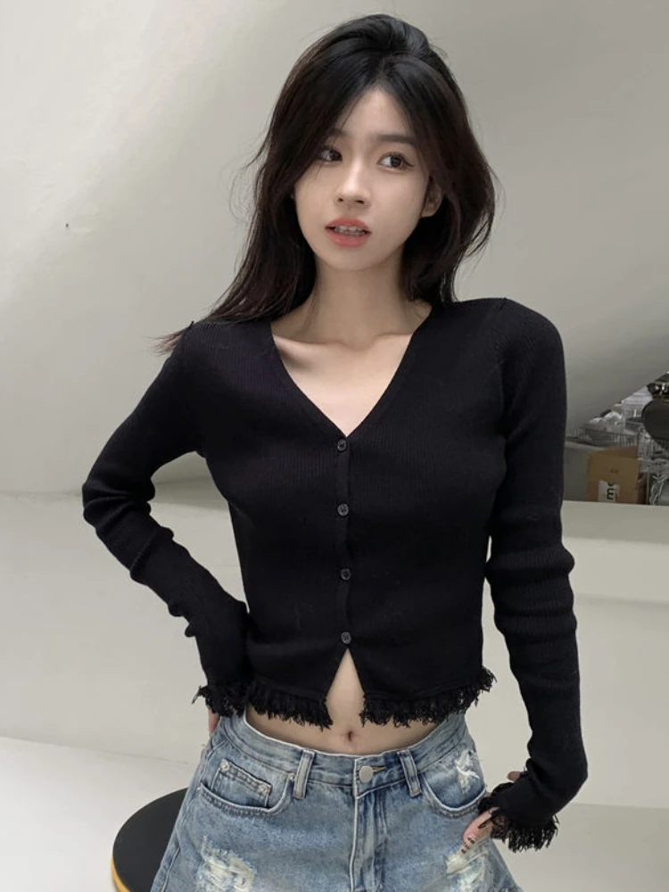 Tassel Cardigans for Women Basic Crop Tops Autumn Winter Korean Fashion Slim Knitted Clothes Solid Retro Sexy All-match Female