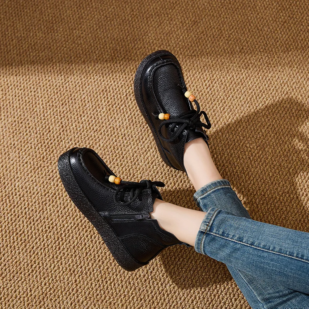 Neue Echtleder-Schnürstiefeletten für Damen, Klassische Perlen-Bootsschuhe, Damen-Reißverschluss-Stiefeletten, Weiche Casual-Booties, Bequeme Urlaubsstiefel – Detail 12