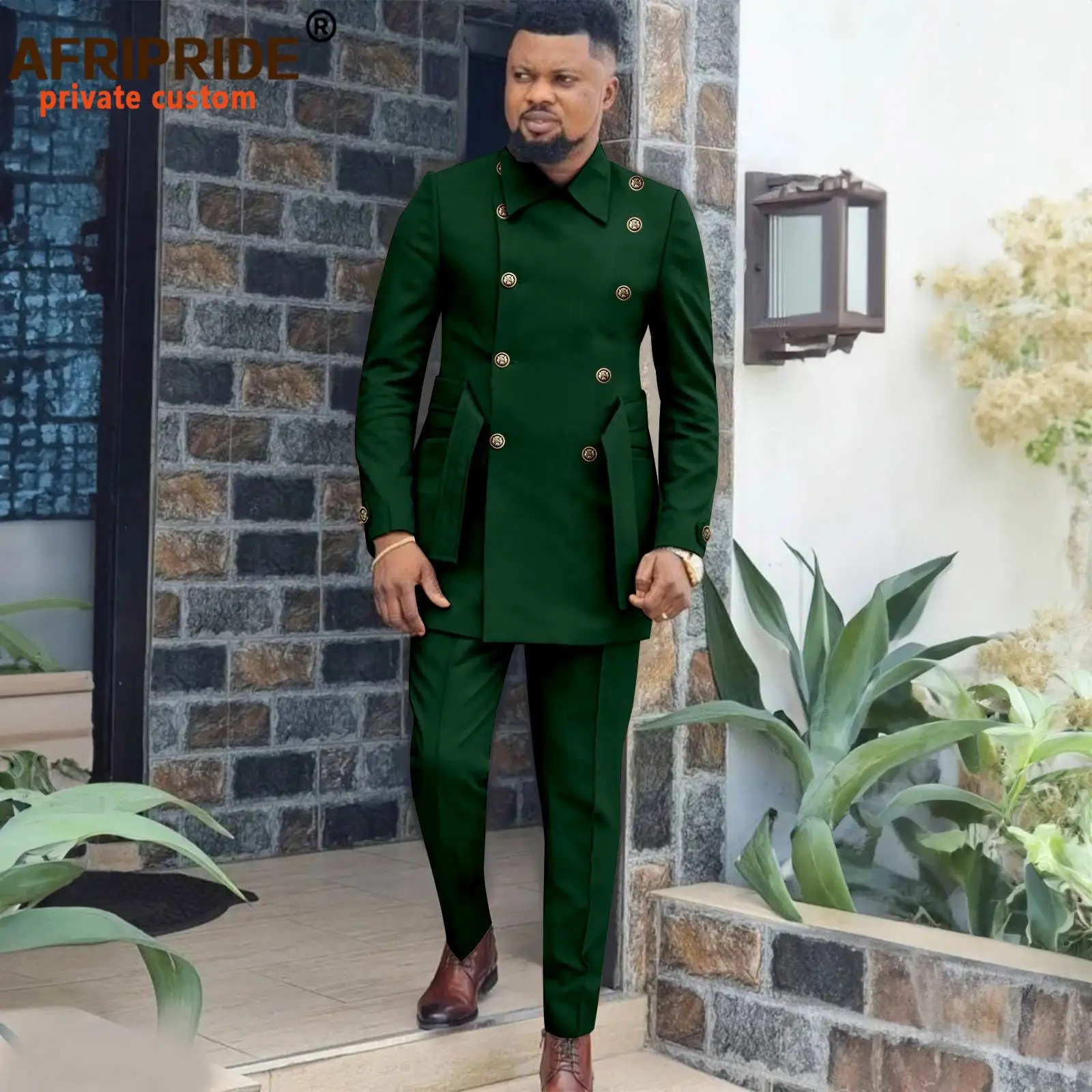 African Suits for Men Double Breasted Full Sleeve Slim Fit Blazer and Trousers Set Dashiki Outfits with Belt Formal Wear 2416039