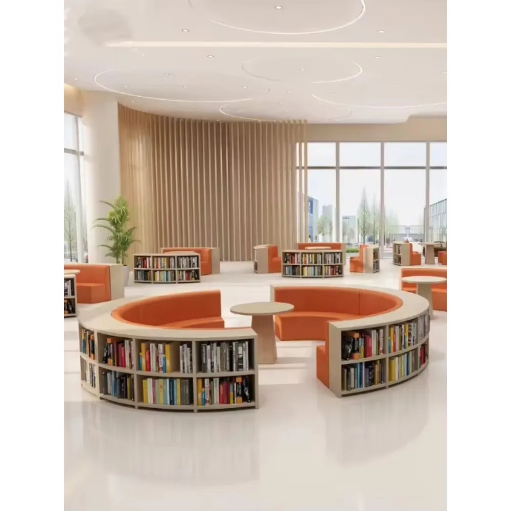 تخصيص مكتبة الخشب الحديثة خزانة الكتب مدرسة القراءة ركن أريكة متكاملة مزيج منحني منطقة الراحة #3