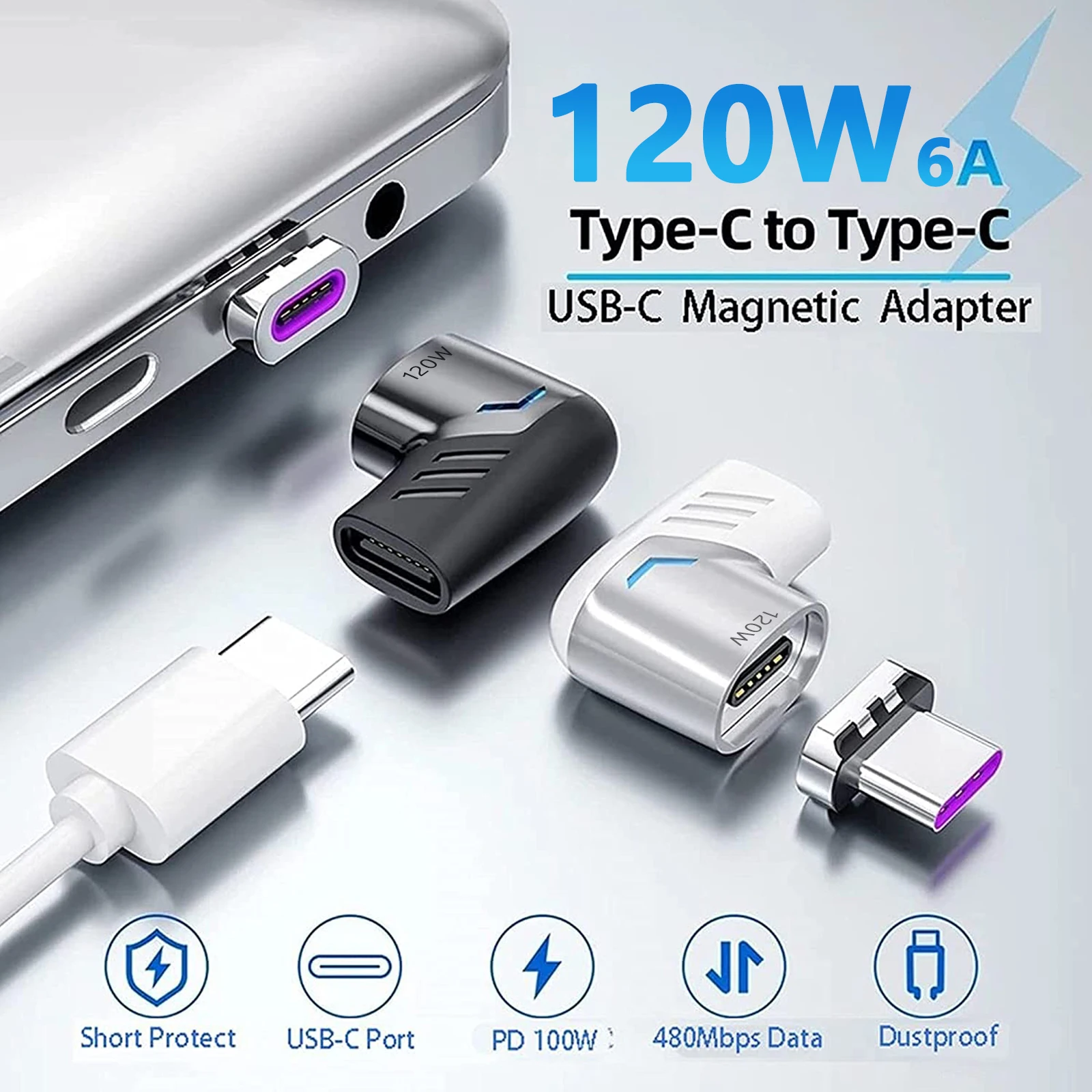 120W Type C Adapter 480Mbps High-Speed Data Transfer Elobw Magnetic USB-C Male to Female Converter for Phone Laptop