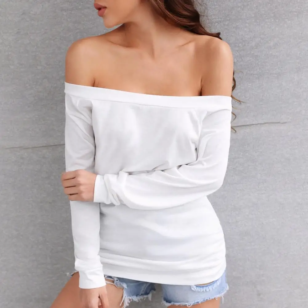 One Shoulder Strapless Women T-shirt Solid Color Slash Neck Off Shoulder Long Sleeve T-shirt Loose Autumn Lady Blouse Loose Top