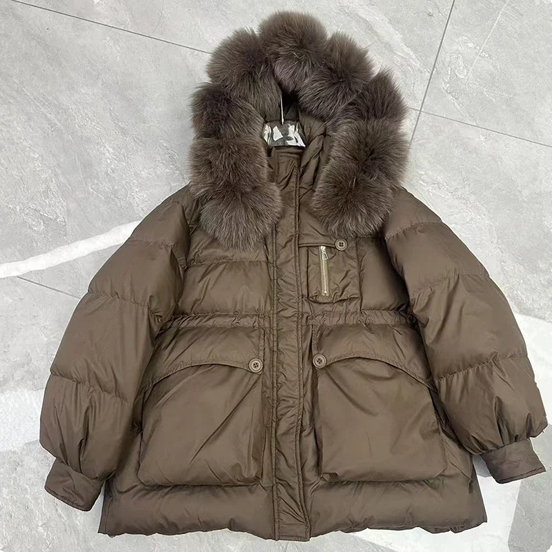 Women White Duck Down Hooded Parker Winter Natural Big Fur Collar Mid Length Down Jacket Outwear Female Zipper Warm Thick Jacket